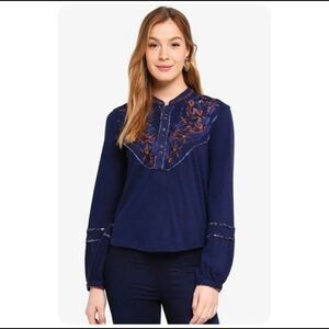 Free People Sundance Kid Western Henley Embroidered Top